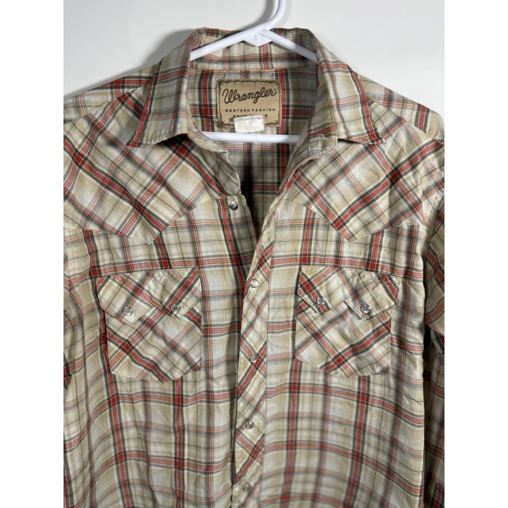 Wrangler Western Fashion Snap Shirt Mens Medium Tan Red Plaid Cowboy